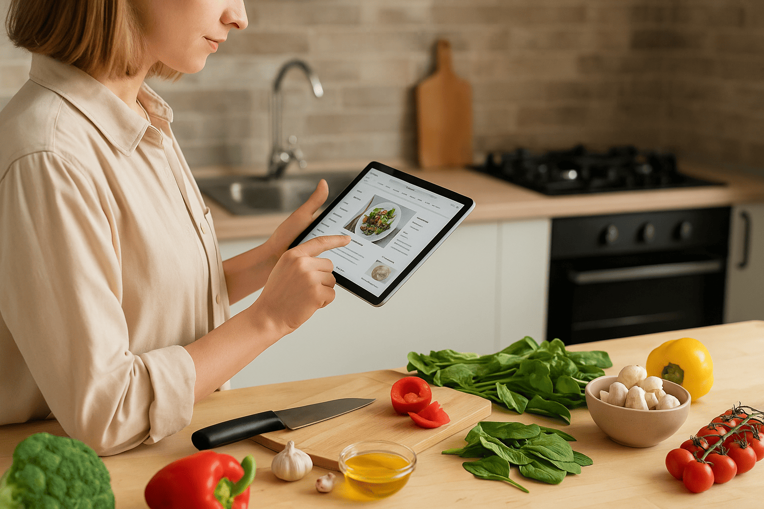 Planšetę virtuvėje laikanti moteris naršo receptų portalą, šalia ingredientai gaminimui