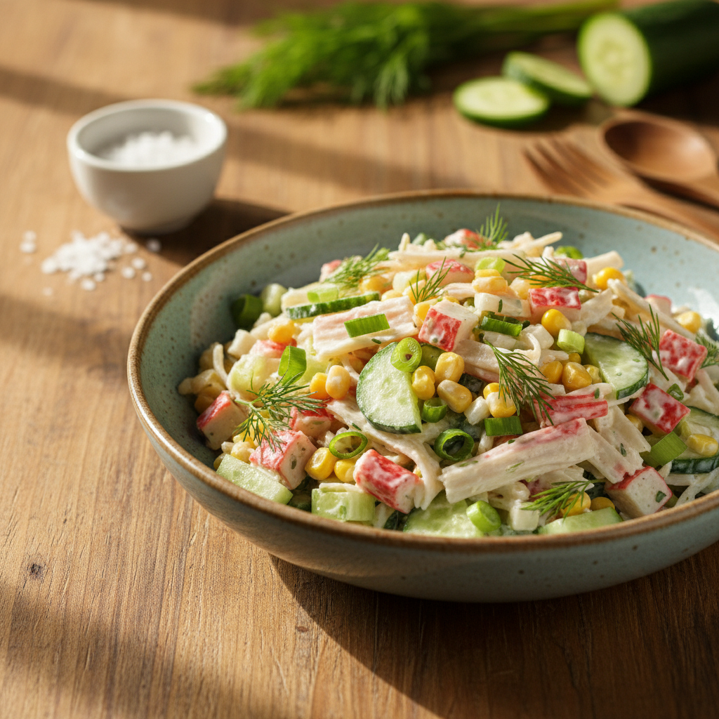 Krabų lazdelių salotos: receptas greitai vakarienei